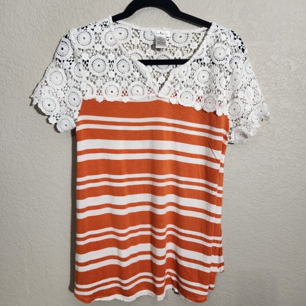 Isela Shirt Womens Large Orange White Striped Lace Crochet Boho Short Sleeve Top
